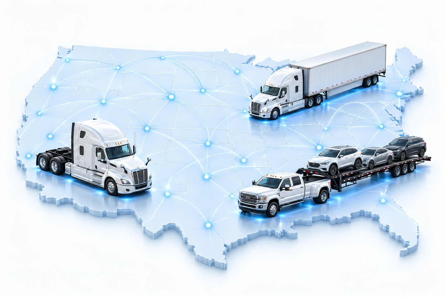 Tractor, dry van semi and pickup car hauler on an illustrated US network map
